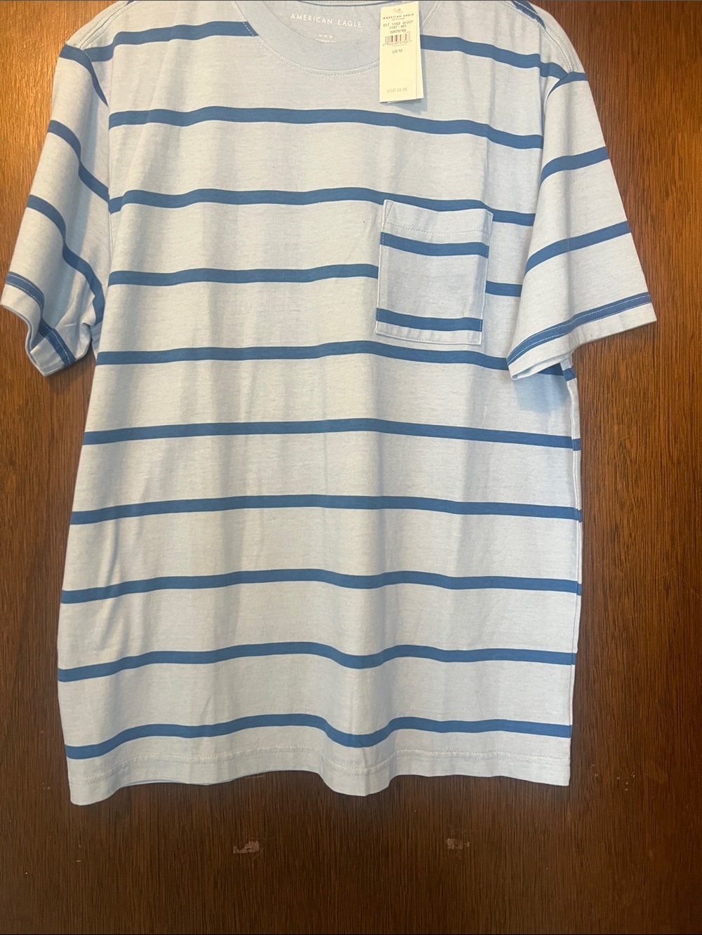 American Eagle Outfitters Light Blue Striped Pocket Tee with Blue Bands
